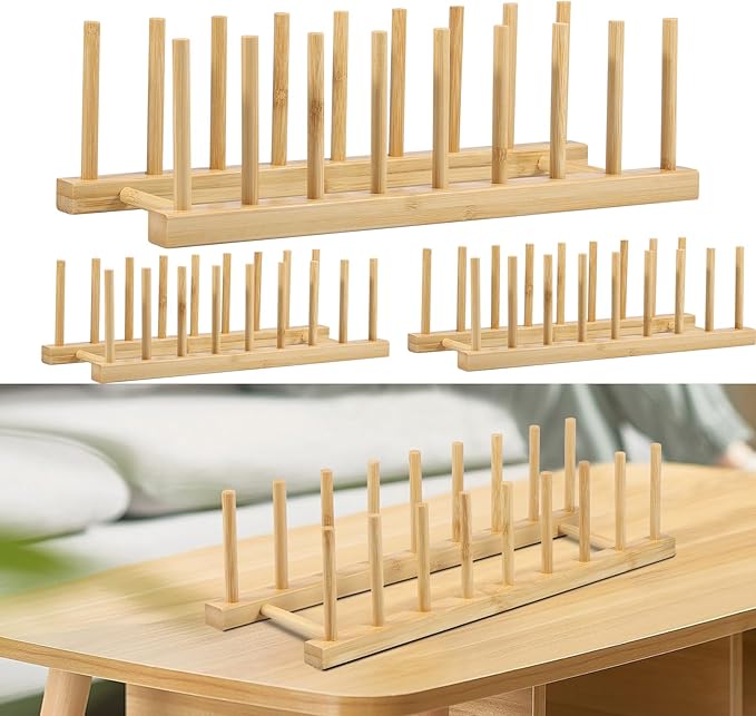 3Pcs Bamboo Dish Dying Rack Bamboo Plate Dish Rack Multifunctional Pot Lid Organizer Holder Easy to Use Bowl and Plate Storage Rack Practical Dish Drainer Drying Rack for Home Kitchen