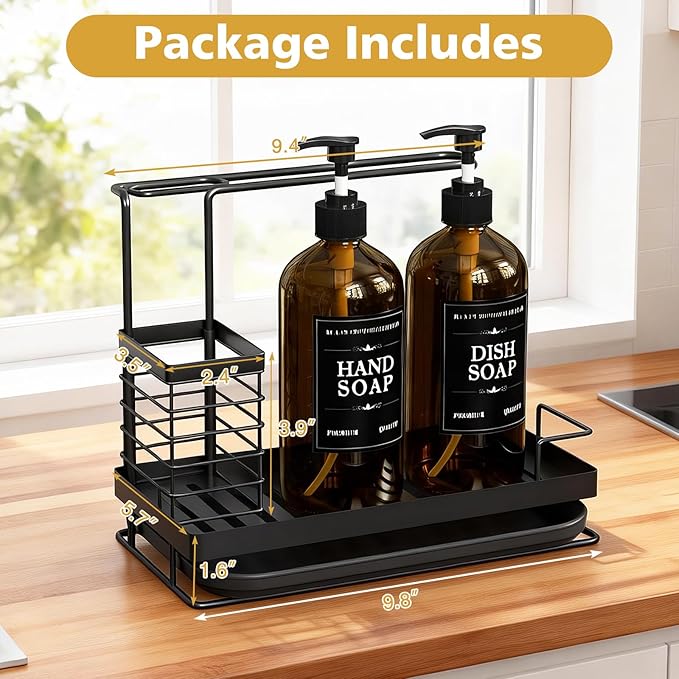 Sponge Holder for Kitchen Sink Caddy with High Brush Holder,Stainless Steel Kitchen Sink Organizer Set with 2 Lotion Dispenser,Kitchen Accessories Storage for Countertop