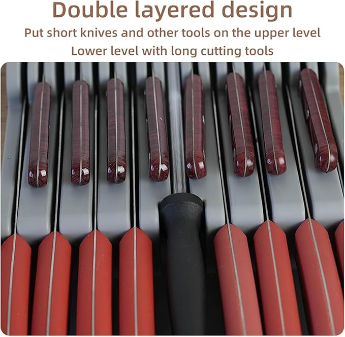 Knife Holder, In Drawer Knife Block Holder with Expandable Cutlery Tray Kitchen Drawer Organizer Insert-Holds 11 Knives for Save Space & Kitchen Safety (16 holder, Polypropylene (PP))
