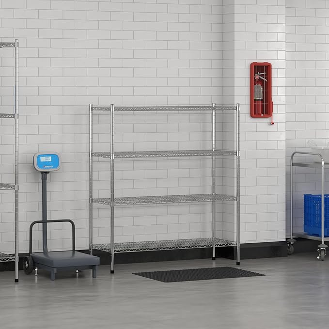 Commercial NSF Listed Chrome Stationary Wire Shelving Kit 18" x 48" x 54", with 4 Shelves Perfect for Warehouse, Walk-in Refrigerator, Freezer, Grocery Store, Restaurant, Dishroom