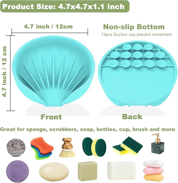 Self Draining Soap Dish, Silicone Soap Holder with Suction Cup and Drain Spout, Kitchen Bathroom Sink Organizer, Dish Soap Bar Tray Savers Sponge Holder, Perfect for Dispenser, Scrubber, Bottle, Cup