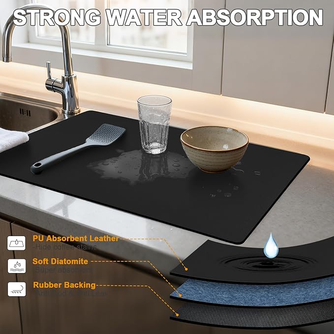 Dish Drying Mat & Coffee Mat for Kitchen Counter, Absorbent Microfiber Waterproof Mat with Non-Slip Backing, Multi-Size Multi-Color Options, Sink and Coffee Bar Accessories