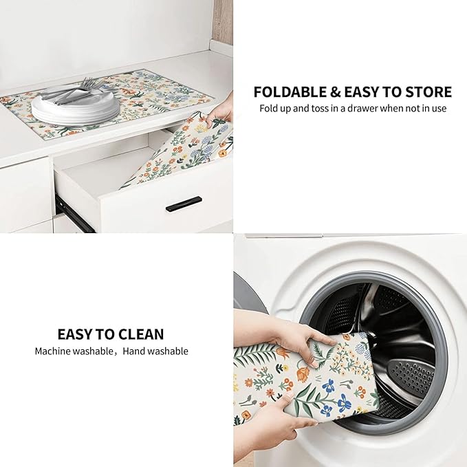 2Pcs Dish Drying Mats Faucet Mats Sets Large Size Coffee Mats Sink Faucet Mat Splash Guard for Kitchen Counter Bathroom Sink Coffee Bar Kitchen Decor (Wildflowers 2, 18"x24" 15" x 5.5"Set)