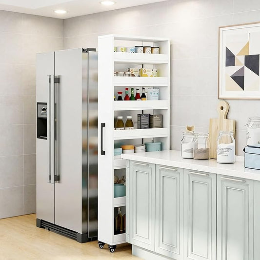 7-Tier Slim Storage Cart, Wooden Rolling Pantry Cabinet with Wheels, Narrow Shelf Organizer for Kitchen, Bakers Rack, Dining Room, Closet,White,W5.9×D21.7×H72.4