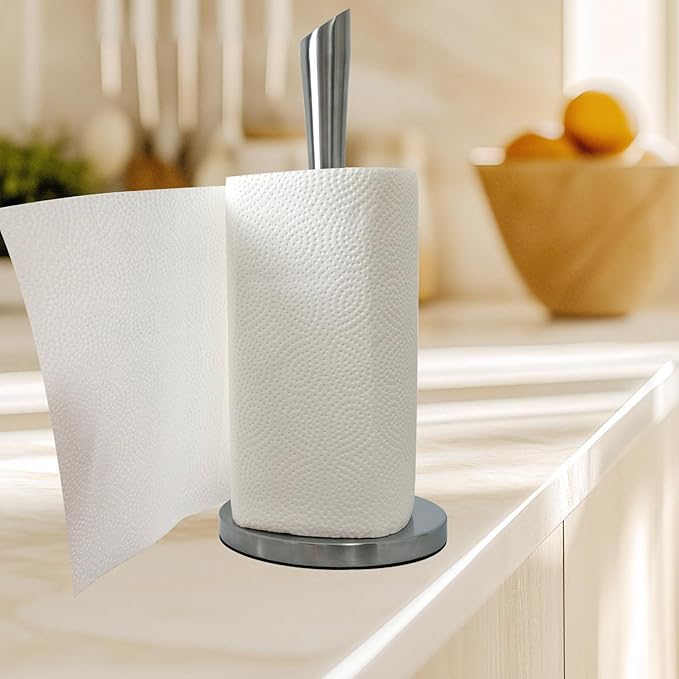 Paper Towel Holder countertop, Free-Standing Kitchen roll Holder for Kitchen Bathroom, Paper Towel Holder Stand Dispenser with Stainless Base Fits Standard (Silver-1)
