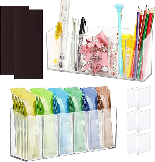 2 PACK Drink Packet Organizer with Removable Divider & Compartment, Mountable Water Packet Organizers Container Storage with 6pcs Adhesive & 2 Magnetic Stickers for Powder Water Packets