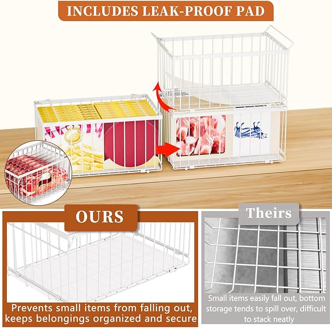 Large Freezer Organizer Bins, Upgrade One-Touch Open/Close, 3 Pack Big Stackable Deep Freezer Organizer Bins, White Wire Foldable Baskets with Handles, for 5 to 7 Cu.FT Deep Freezer Sort Frozen Meats