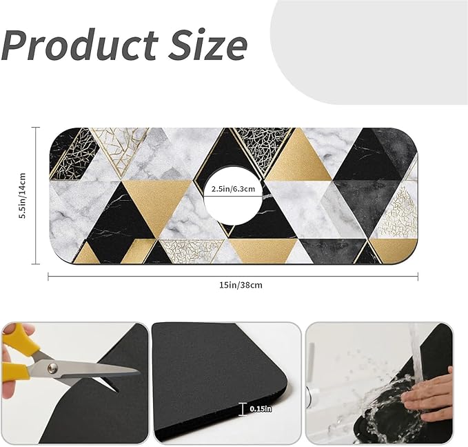 Kitchen Sink Splash Guard，marble geometric triangles Faucet Mat Sink Gadgets-Super Absorbent Fast Drying Mat Drip Catcher for Kitchen, Bathroom,Sink Mat, Dish Drying Mat, Bathroom(15" X 5.5" )