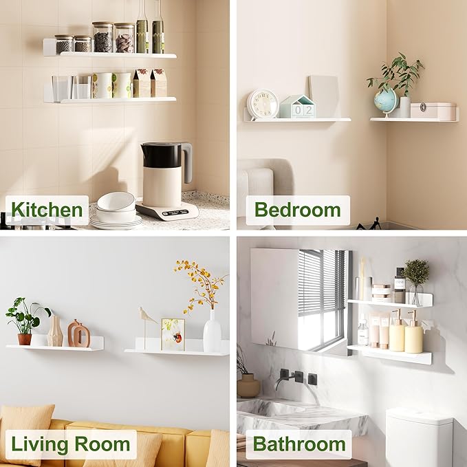 SAYAYO White Floating Shelves for Wall Storage, 16 Inch Adhesive Wall Shelves for Bedroom Decor, Small Display Bathroom Shelf Organizer for Kitchen, Living Room, Office, 2pcs
