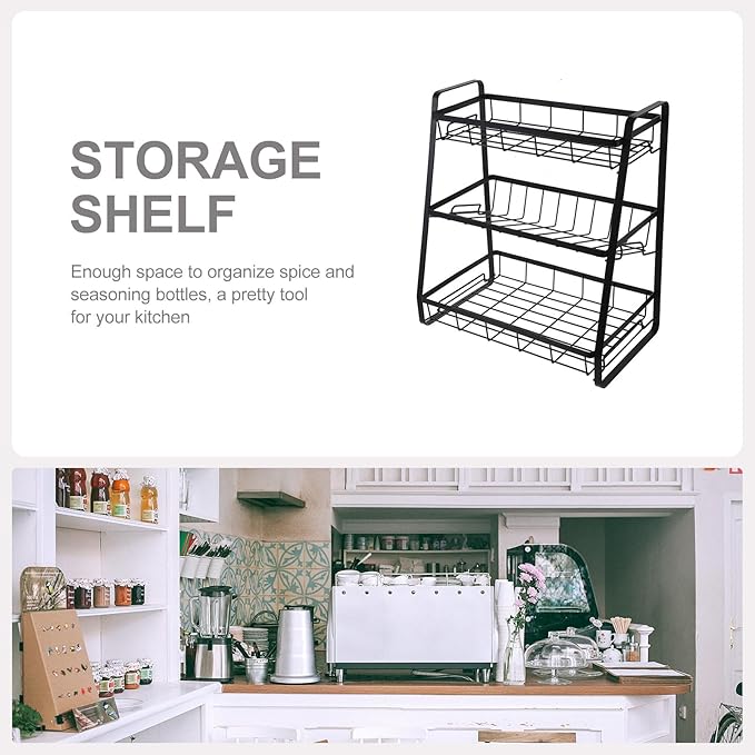 Black 3-Tier Detachable Kitchen Storage Shelf Seasoning Bottle Rack Household Spice Organizer for Pantry and Countertop Use