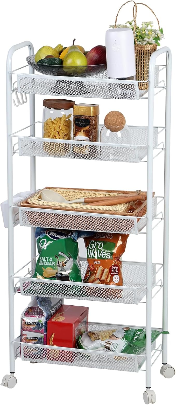 Fruit Basket for Kitchen, Fruit Vegetable Storage Basket, Standing Baskets for Kitchens Floor, 5-Tier Stackable Fruit Vegetable Storage Basket Stand on Wheel for Kitchen, Pantry Black 4