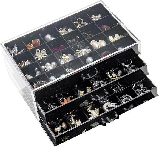 Earring Storage Box Organizer 3 Drawers Acrylic Jewelry Storage Box Holder Transparent Jewelry Display Stand with 72 Small Compartments Gift for Women Girls (Black)