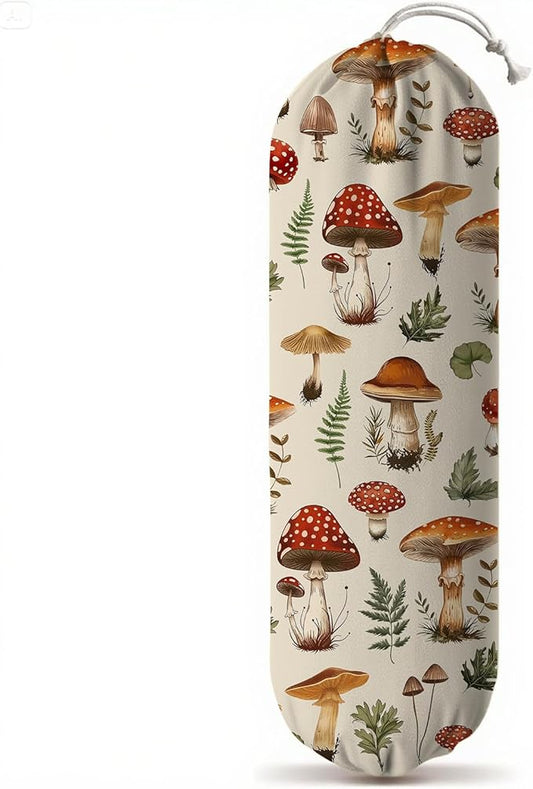 Plastic Bag Holder, Grocery Bag Organizer Storage, Kitchen Dispenser Holders Reusable Shopping with Adjustment Drawstring Closure for Kitchen Farmhouse Decor, Mushroom