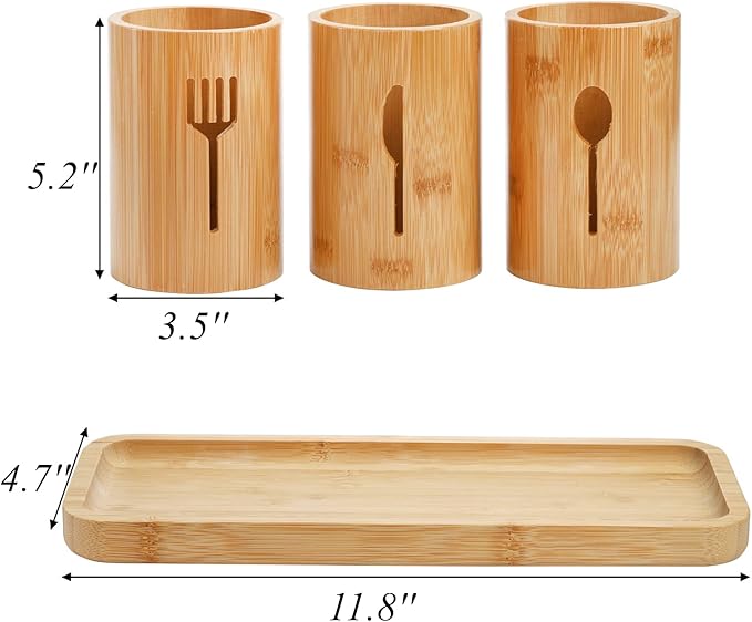 Lyellfe Silverware Holder, Bamboo Utensil Organizer with Tray, Kitchen Cutlery Flatware Holder Organizer for Spoons, Knives and Forks, Ideal for Kitchen and Restaurant