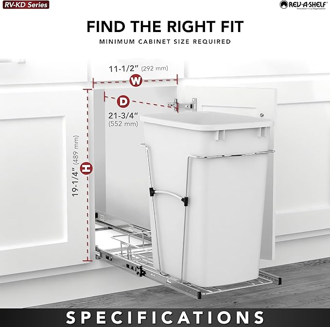 Rev-A-Shelf Pullout Trash Can for Kitchen Cabinets 35 Qt Garbage Waste Recycling Bin w/ Full Extension Slide, Metallic Silver, RV-12KD-17C S