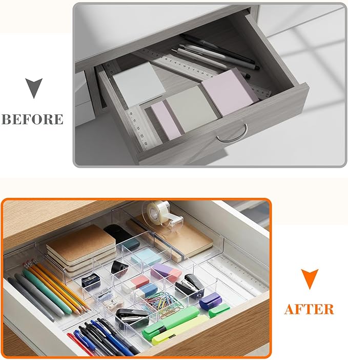 2 Pcs Expandable Acrylic Drawer Organizers 9 Square Grid Adjustable Clear Drawer Dividers Organizer for Desk, Makeup, Jewelry, Office, Kitchen Supplies (Large)