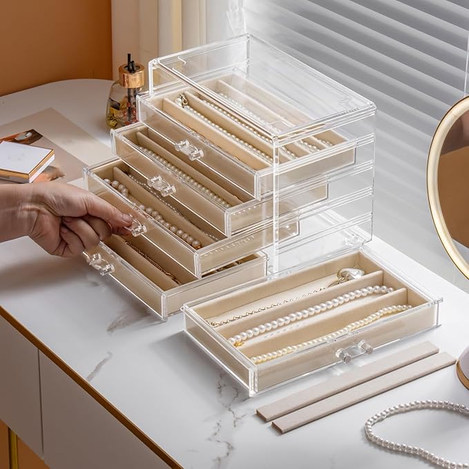 Necklace Holder Organizer, Dustproof Necklace Box Velvet Necklace Organizer Box with Lid Clear Acrylic Dustproof Stackable Jewelry Displays for Necklaces Chain Display (Beige, 5 Drawer)