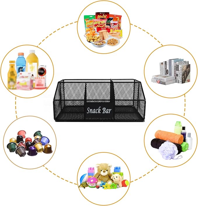 Metal Wire Snack Display Baskets,5-Compartment Snacks Storage Bin for Countertop,Office,Party,Bedroom,Kitchen,Pantry Shelf,Snacks Cabinet Dispenser Caddy for Chips,Packets