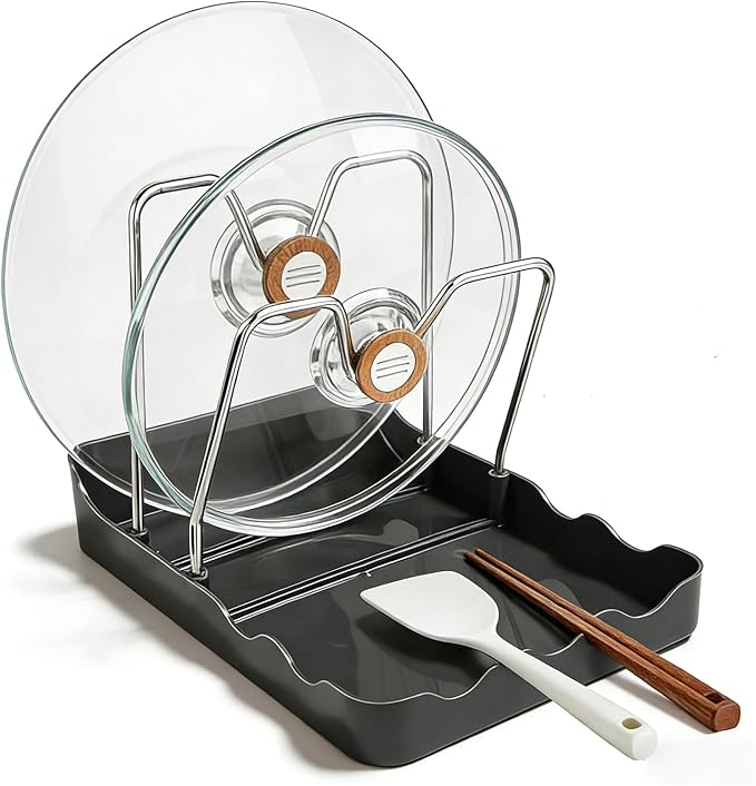 Kitchen Pot Lid Storage Rack, Pot-Lid Cutting Board Holder With Removable Drip Tray, Space-Saving Kitchen Pot Cover Organizer Stand for Countertop (1pc Black)