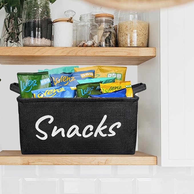 2PCS Snack Bin for Pantry - Snack Storage Basket Organizer for Storing Chips, Cookies, Pretzels, Popcorn and more - Kitchen Organization (Black)