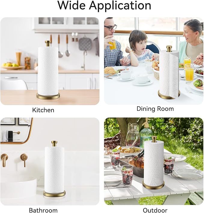 Paper Towel Holder Countertop, Gold Paper Towel Roll Holder for Kitchen Bathroom, One-Handed Operation Stainless Steel Paper Towel Holder with Weighted Base