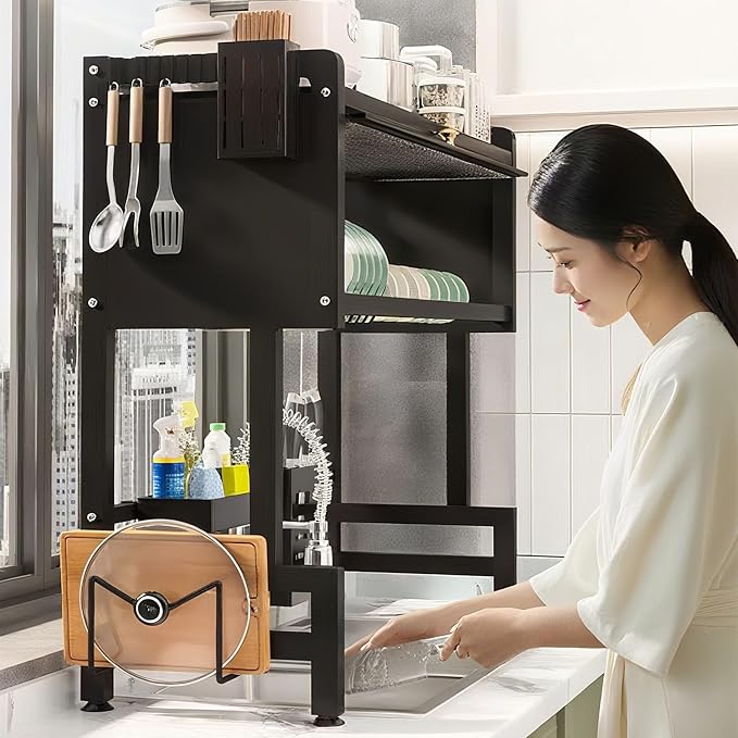 Large Over The Sink Dish Drying Rack 4 Tiers with Cover, Space-Saving Keep Kitchen Sink Shlef Organized, Drying Rack for Dishes, Glasses, Bowls, Cutlery Black(Black,75cm)