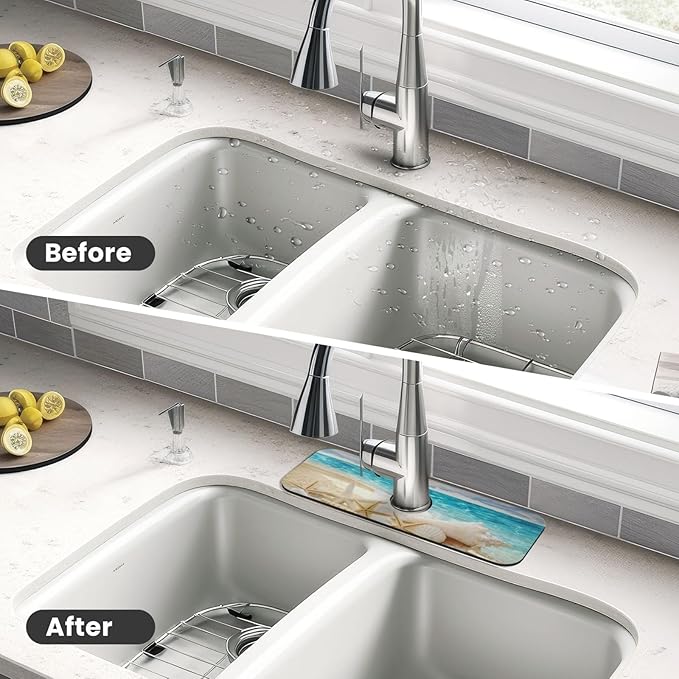 Beach Starfish Seashell Shell Summer Kitchen Sink Splash Guard Faucet Mat Super Absorbent Fast Drying Mat Sink Gadgets-Fast Drying Pad Sink Mat For Kitchen Bathroom (15" X 5.5" )