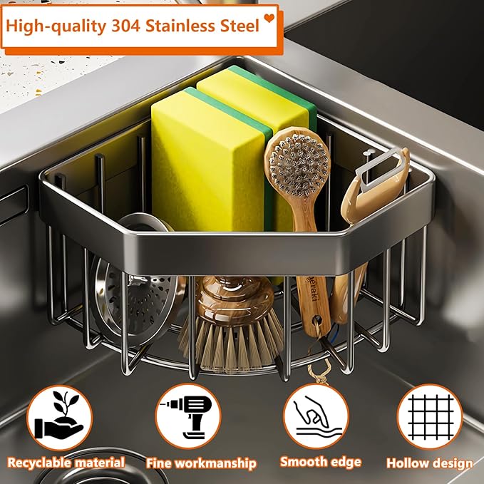 Kitchen Sink Caddy Corner Sponge Holder, CIT ZCFYU Adhesive Stainless Steel Dish Sponge Holder,Dish Cloth Hanger Kitchen Sink Organizer Soap Storage Rack for Space-Saving Storage(not for Rounded) Grey