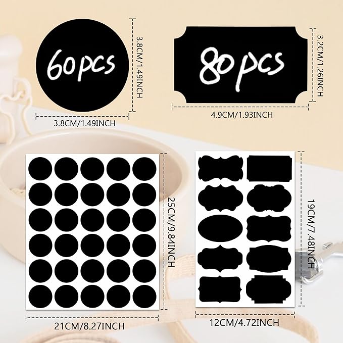 Fssqii 256 Kitchen Blank Chalkboard Labels for Jars Bottles Containers, Waterproof Reusable Removable Different Size Black Labels Stickers for Home Kitchen Pantry Food Spice Storage, Office (Black)