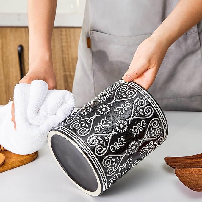 Black Heavy Ceramic Utensil Holder, 7" Extra Large Kitchen Utensil Holder for Countertop, Cooking Ceramic Crock for Farmhouse Kitchen Decor