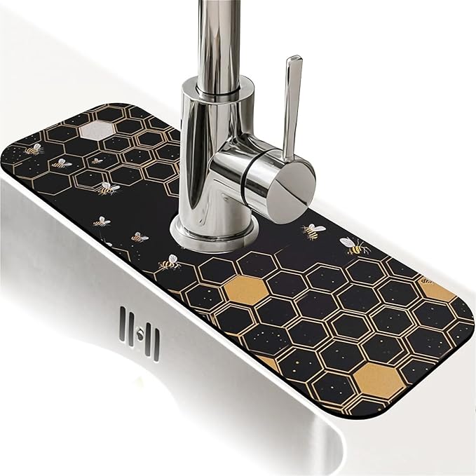 Kitchen Sink Splash Guard，Hive and Bee Faucet Mat Sink Gadgets-Super Absorbent Fast Drying Mat Drip Catcher for Kitchen, Bathroom,Sink Mat, Dish Drying Mat, Bathroom(15" X 5.5" )