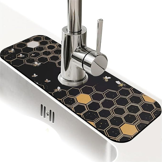 Kitchen Sink Splash Guard，Hive and Bee Faucet Mat Sink Gadgets-Super Absorbent Fast Drying Mat Drip Catcher for Kitchen, Bathroom,Sink Mat, Dish Drying Mat, Bathroom(15" X 5.5" )