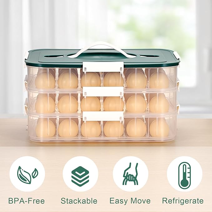 BTSKY Deviled Egg Platter with Lid, 3-Layer 54 Slots Deviled Eggs Carrier, Clear Portable Egg Holder for Fridge Reusable Deviled Eggs Tray Carton Box for Easter and Party Favor (3-Layer, Green)