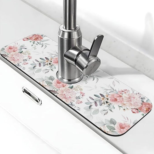 Peony Peonies Pink Flowers Leaves Watercolor Floral Kitchen Sink Splash Guard Faucet Mat Super Absorbent Fast Drying Mat Sink Gadgets-Fast Drying Pad Sink Mat For Kitchen Bathroom (15" X 5.5" )