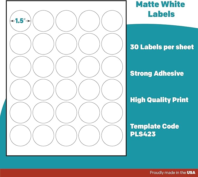 Premium Label Supply White Sticker Round Labels – 1.5" Circle – Laser/Inkjet Compatible – (30 per Sheet), 1000 Sheets – 30,000 Total Adhesive Labels