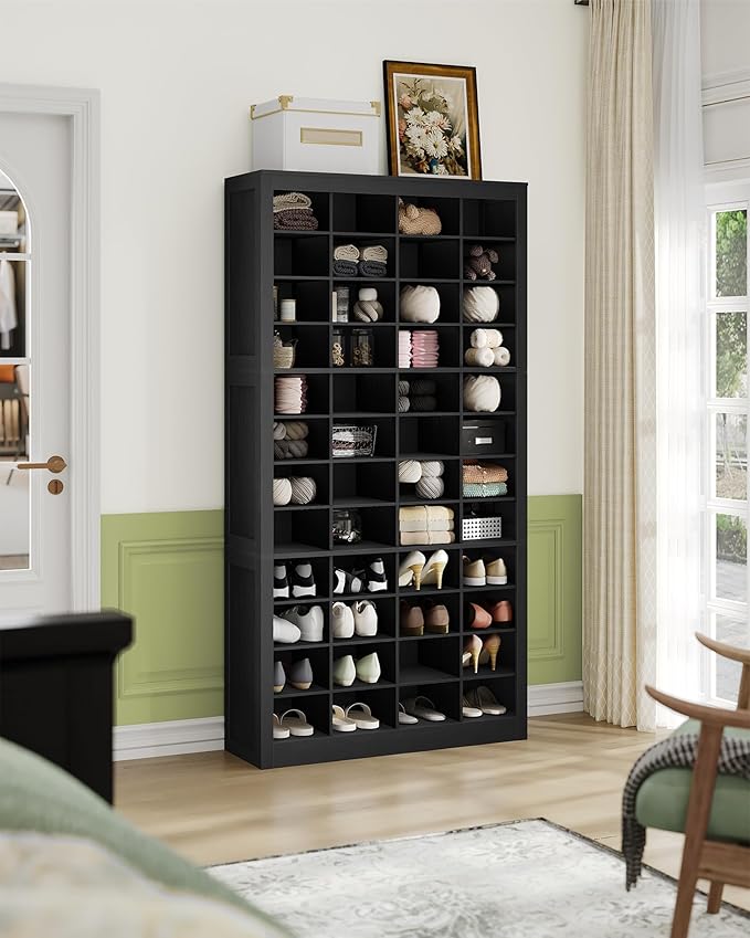 Shoe Storage Cabinet, 48 Pairs Free Standing Closet Organizer, 9 inch Widened Cell Wood Shoe Organizer, 12 Tiers Vertical Space Saving Shoe Rack for Entryway, Cloakroom, Black SR39604X