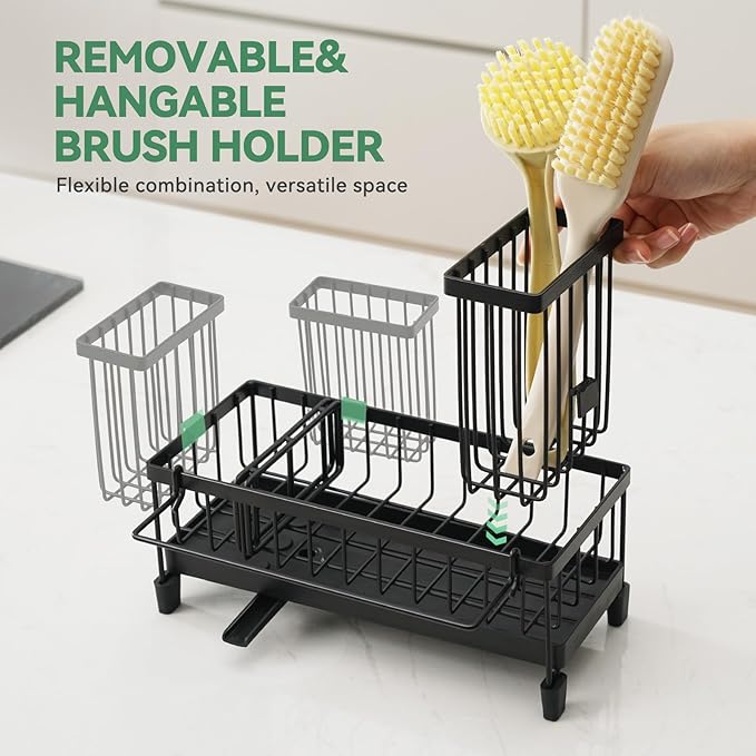 Sponge Holder for Kitchen Sink with Tall Brush Holder and Dishcloth Rack, Rustproof Stainless Steel Sink Caddy, Kitchen Countertop Organizers and Soap Dispenser.