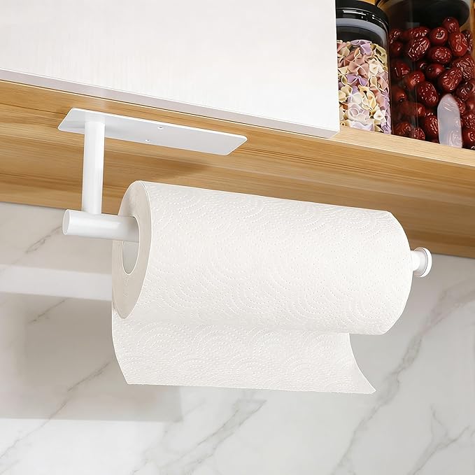 White Paper Towel Holder, Self Adhesive Paper Towel Roll Holder Under Cabinet, Stainless Steel Wall Mount Towel Paper Holder for Kitchen, Bathroom, RV