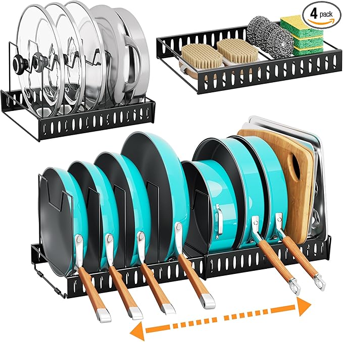 RoleDes 4 Pack Pot and Pan Organizer Inside Cabinet, Expandable Storage Set for Kitchen Drawer or Shelf, Black Organizer with 16 Adjustable Dividers for Pot Lids, Cookie Sheet and Cutting Board