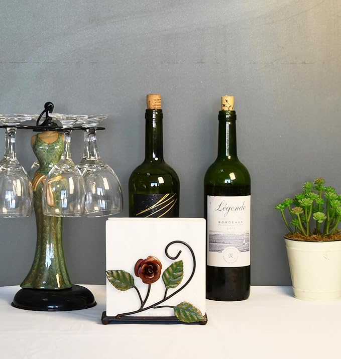 OwlGift Multicolor Napkin Holder – Rose Design Metal Napkin Storage for Tables Modern Serviette Organizer – Tissue Dispenser Perfect for Outdoor Events – Decorative Clear Cocktail Napkin Kitchen Décor