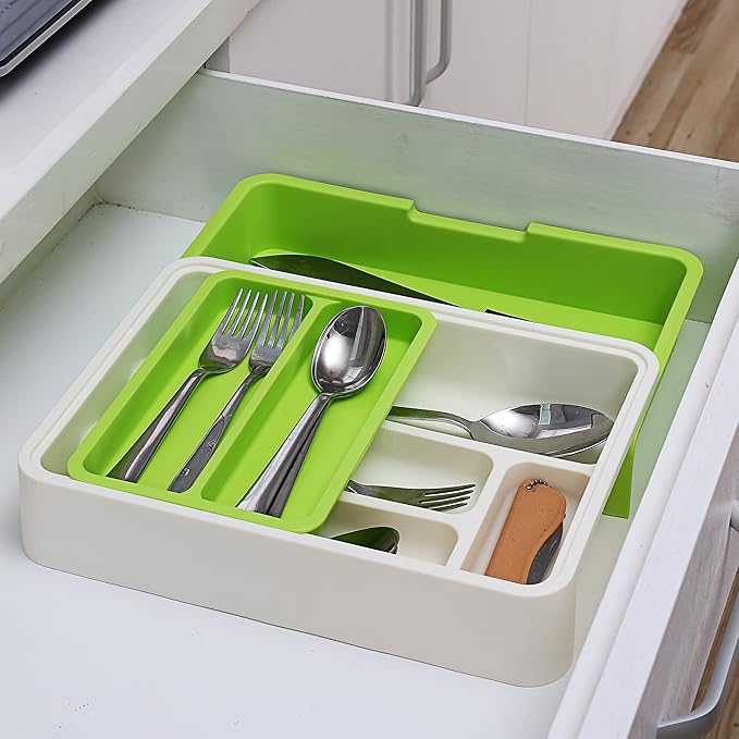 HornTide 3-in-1 Cutlery Tray, Expandable Utensils Holder, Plastic Kitchen Drawer Organizer for Silverware Storage and More - Green