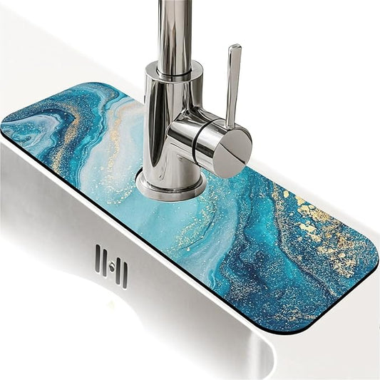Kitchen Sink Splash Guard，Blue golden fluid marble Faucet Mat Sink Gadgets-Super Absorbent Fast Drying Mat Drip Catcher for Kitchen, Bathroom,Sink Mat, Dish Drying Mat, Bathroom(15" X 5.5" )