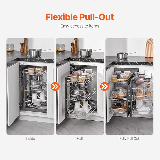 Happybuy Min Opening Blind Corner Pull Out Organizer,Left & Right Open Compatible,15" W,3-Tier 6 Shelf Kitchen Cabinet Organizer, Chrome Carbon Steel Storage Basket, Slide Out Storage Organizer
