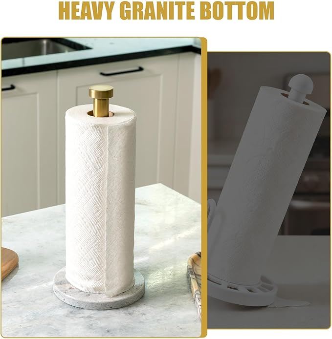Koville Paper Towel Holder Countertop, Standing Paper Roll Holder with 6" Weighted Marble Base, Stone Paper Towel Holder with Gold Stainless Steel Rod for Kitchen Bathroom (River White)