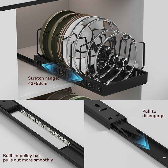 2Pack Black Pot Lid Organizer, Pull-out Pots and Pans Organizer Under Cabinet Pot Lid Holder for Kitchen, Sliding type Pots and Pans Storage, 8 Adjustable Dividers