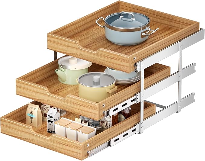 ROOMTEC 3 Tier Pull Out Cabinet Organizer, Heavy-Duty Pull Out Drawer, Slide Out Wood Shelf for Cabinets, Base Cabinet Organization for Pantry, Bathroom (19½"Wx21 D)