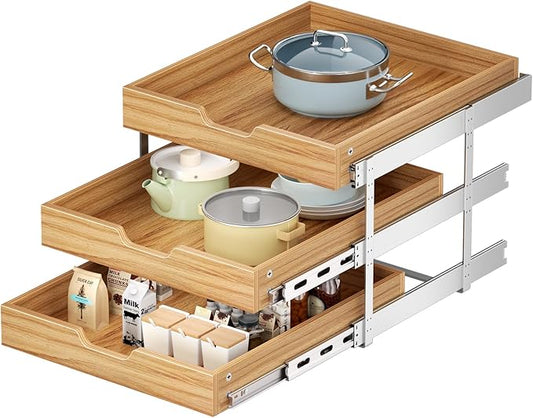 ROOMTEC 3 Tier Pull Out Cabinet Organizer, Heavy-Duty Pull Out Drawer, Slide Out Wood Shelf for Cabinets, Base Cabinet Organization for Pantry, Bathroom (19½"Wx21 D)