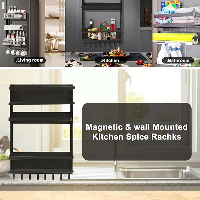 Magnetic Spice Rack for Refrigeratorwith 8-Hook, Magnetic Paper Towel Holder, with Strong Adhesion, Rust-Proof & Space-Saving Design for Kitchen, Bathroom(2 Tier Refrigerator Shelf)
