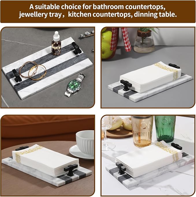 Decorative Marble Hand Towel Holder for Bathroom Disposable Paper Towels Tray Guest Towels Holder Formal Dinner, Guestrooms and Restrooms Marble Tray Vanity Tray Black Color Handle