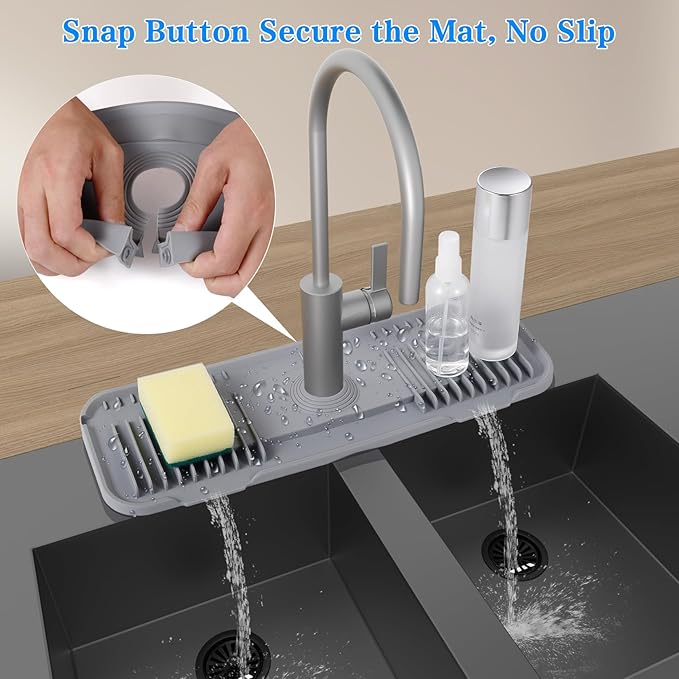 DK-SIMINA Silicone Faucet Mat Silicone Faucet Drip Catcher with Cuttable Circular Central for Kitchen Sink, Tailor-Made for Faucets with Deck Plate【Light Grey】